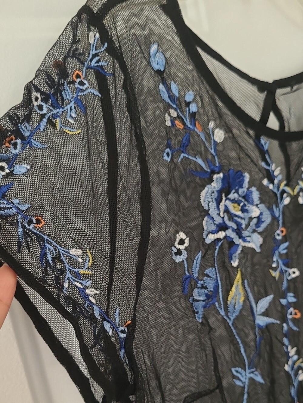 White House Black Market Sheer Black Blouse with Blue Floral Embroidery - Picture 3 of 10